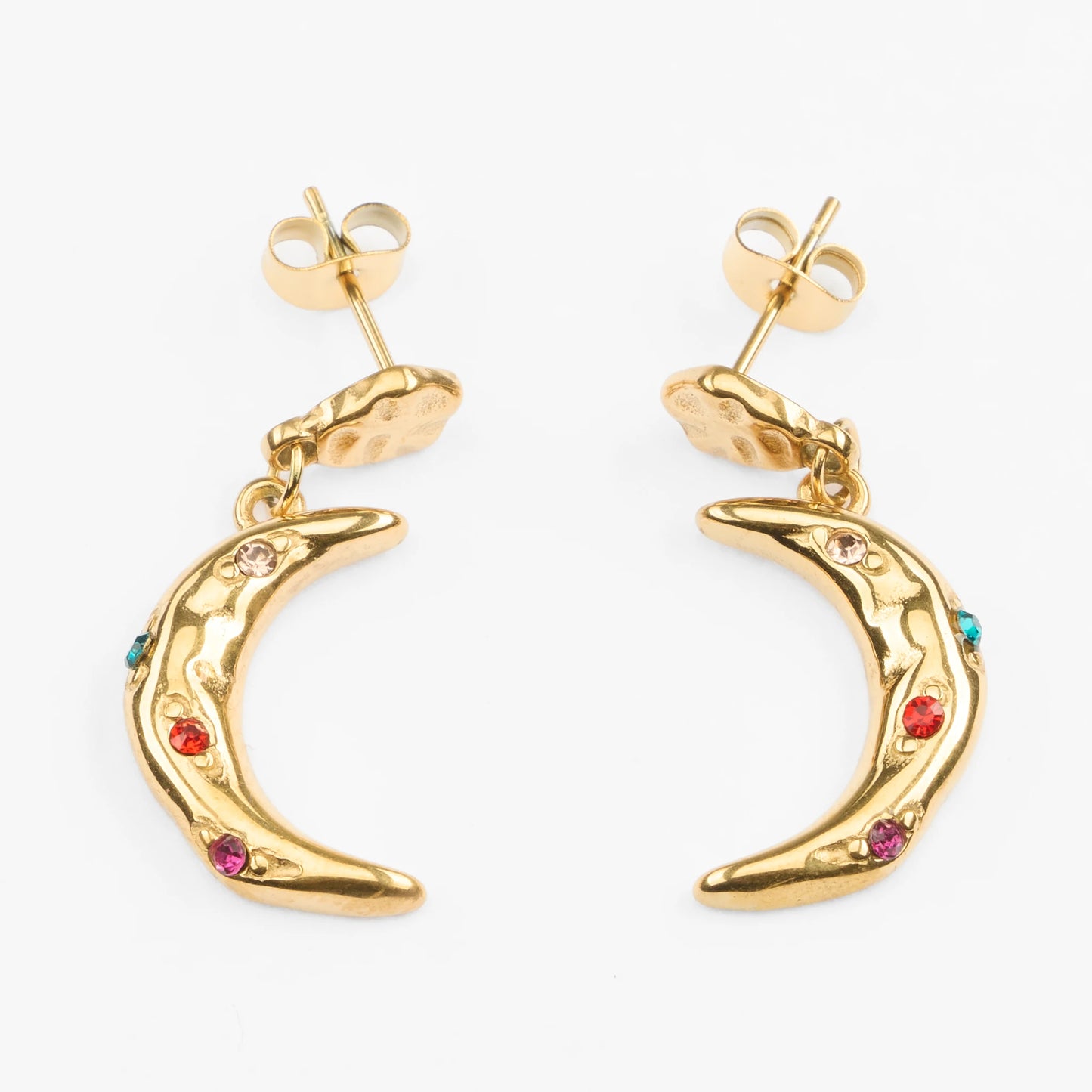 Selene guld halvmåne drop øreringe med farvede sten