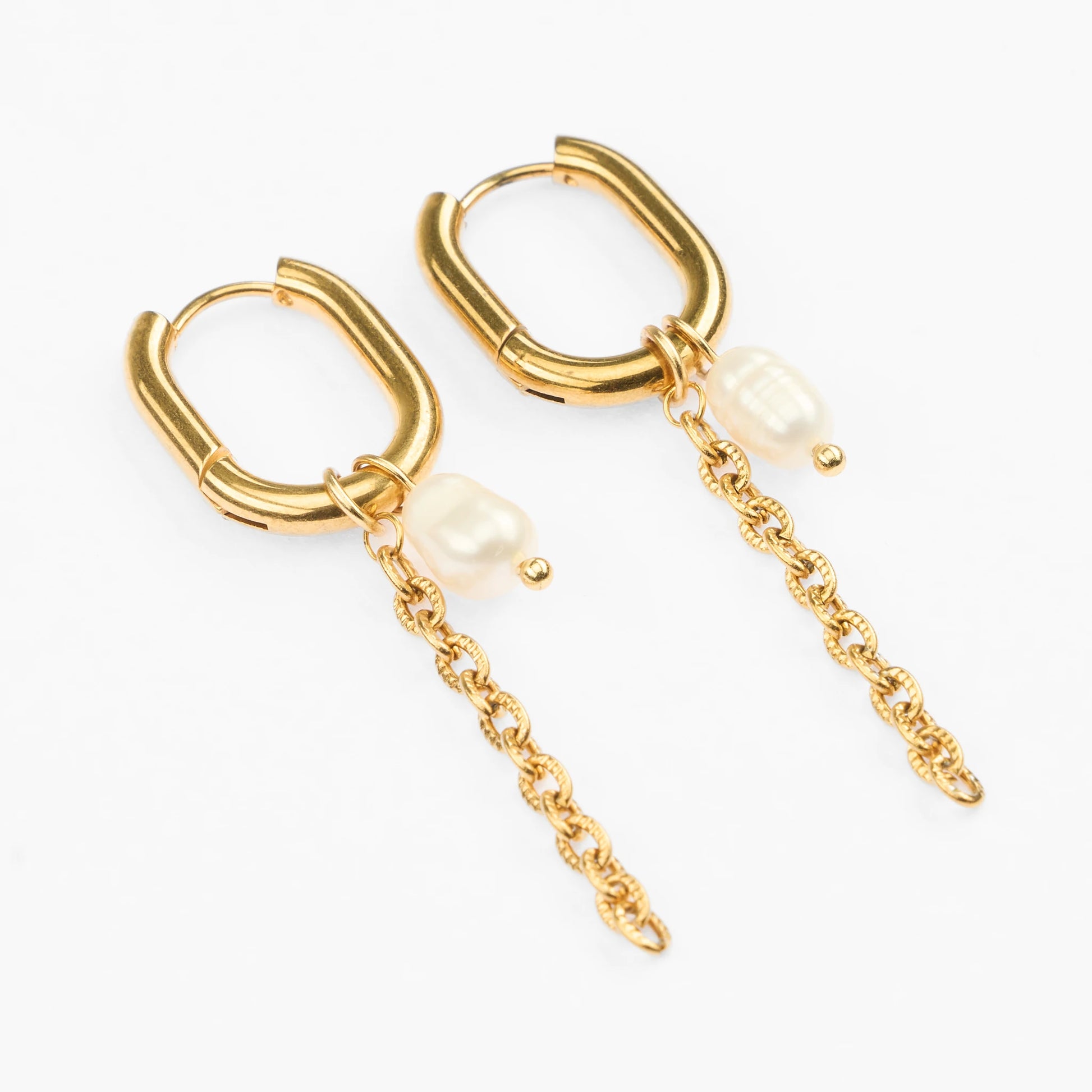 Ankyra ovale guldøreringe hoops med perle og kæde