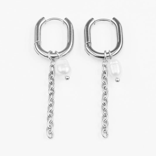 Ankyra vandfaste ovale sølvøreringe med drop kæde og perle