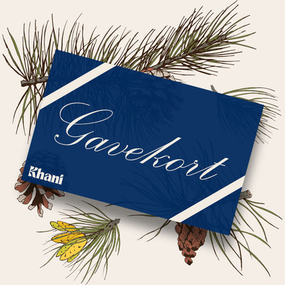 Gavekort til KHANI med farvet gran i baggrunden